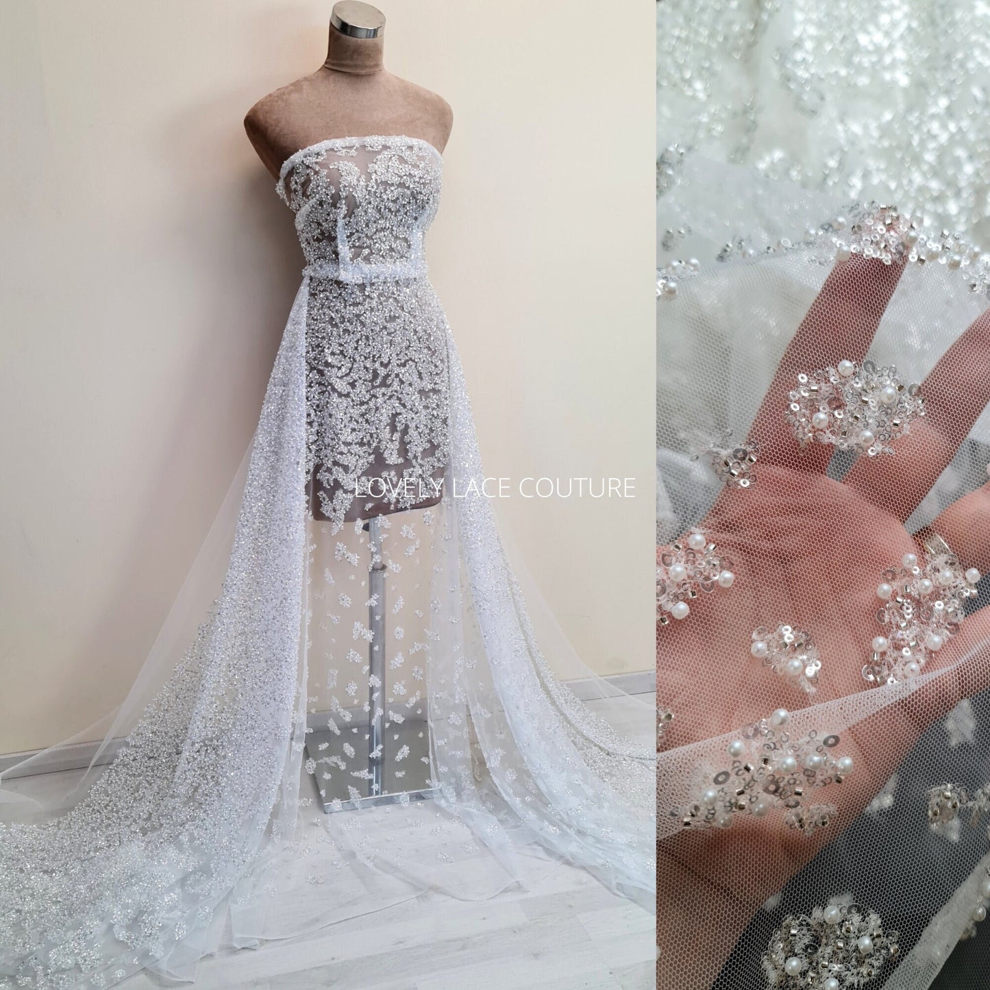 LL-1489, gorgeous abstract wedding dress lace fabric with beads and sequins in off-white color
