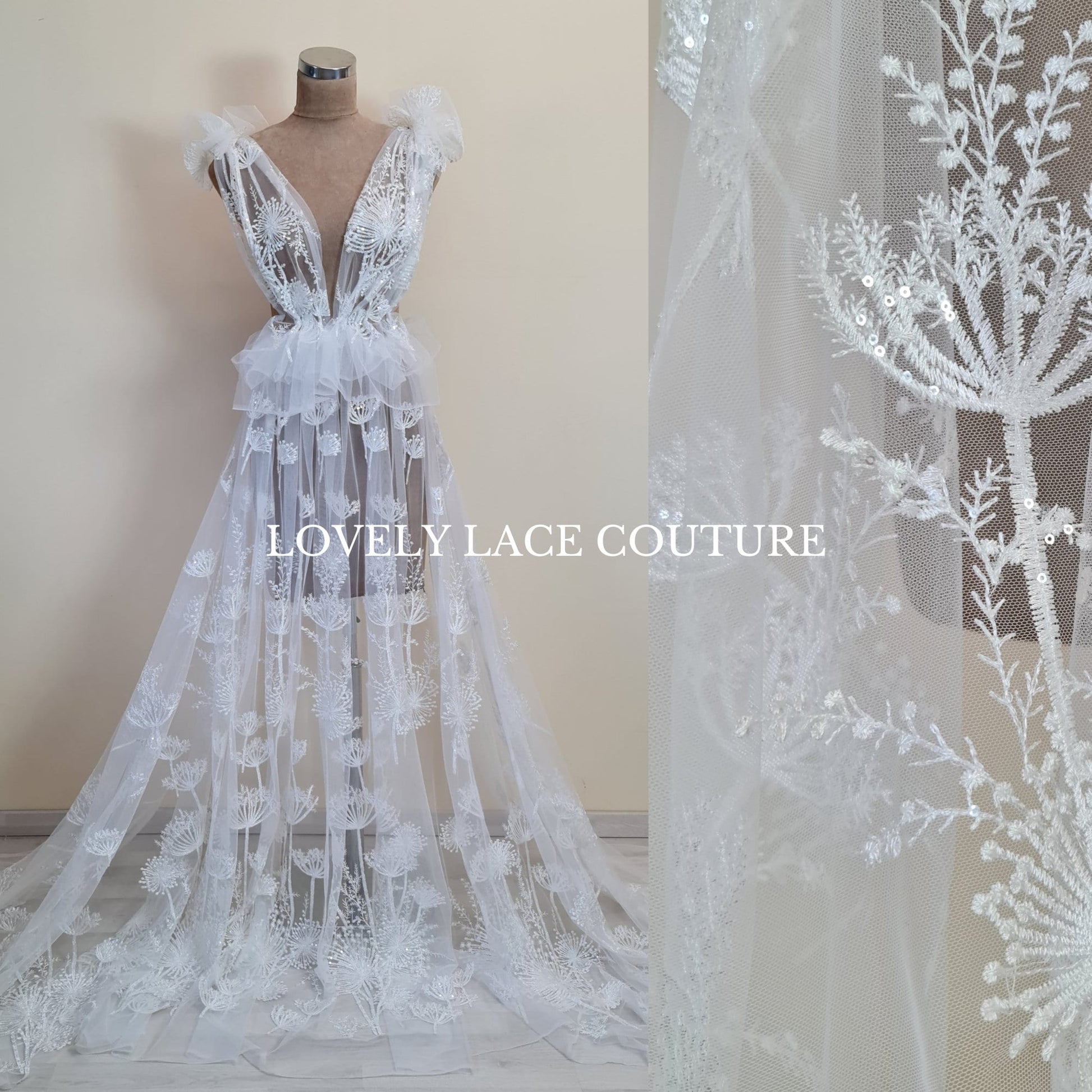LL-1491 Beautiful lace fabric with dandelion design, lace per metre, wedding dress lace fabric in off-white color