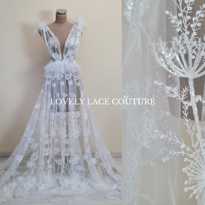LL-1491 Beautiful lace fabric with dandelion design, lace per metre, wedding dress lace fabric in off-white color