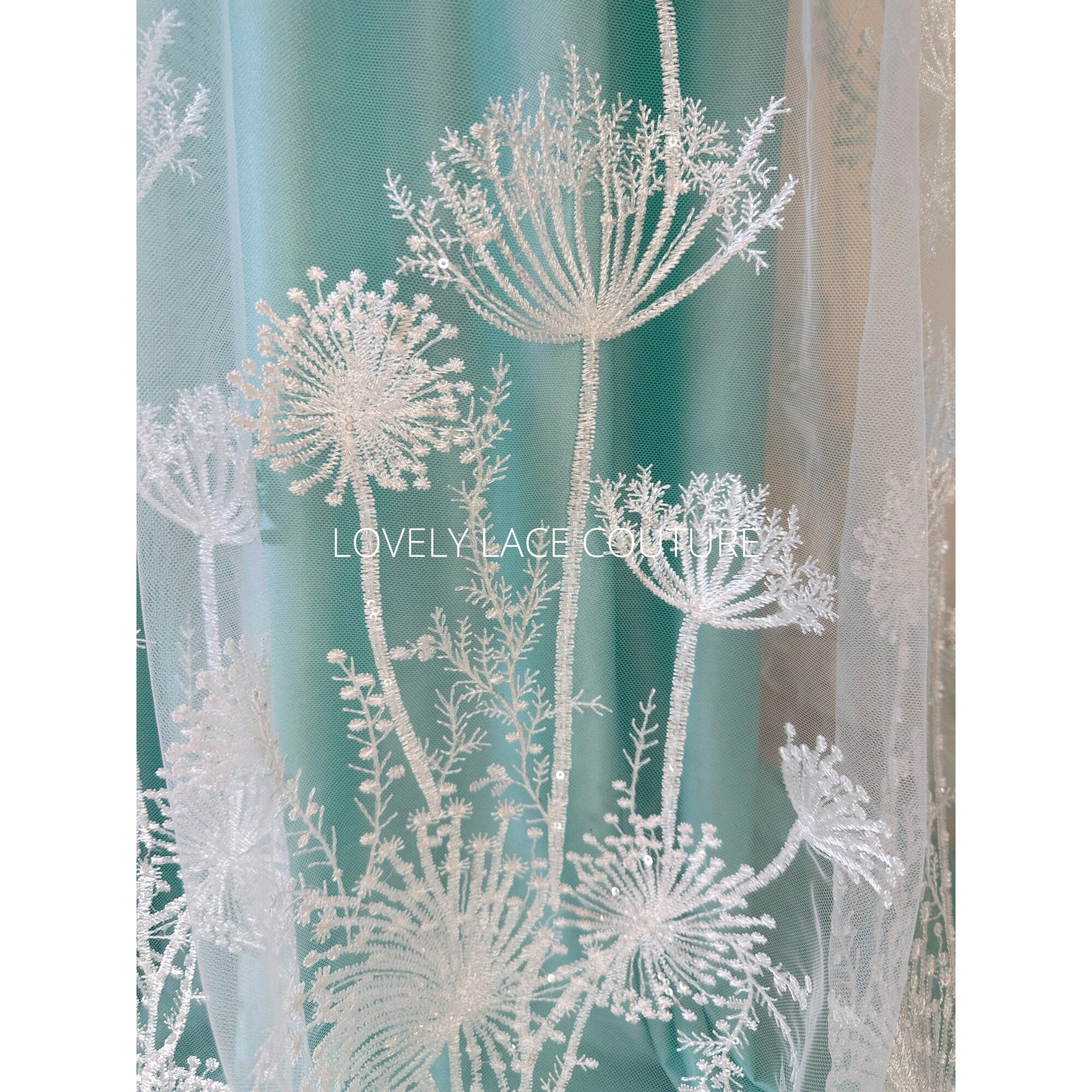 LL-1491 Beautiful lace fabric with dandelion design, lace per metre, wedding dress lace fabric in off-white color