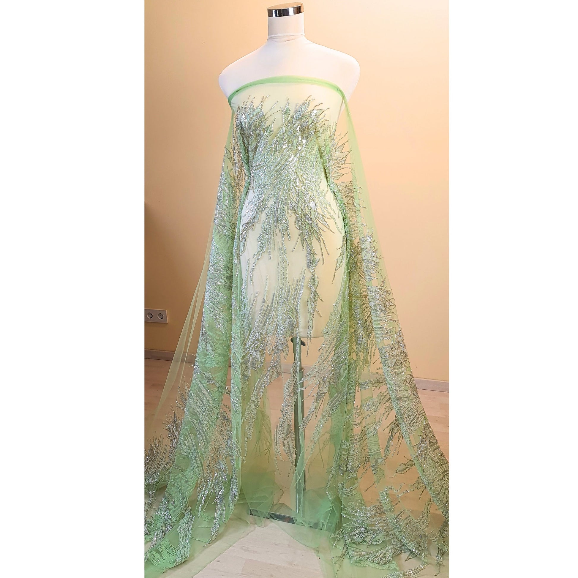 LL-1492, hochzeits spitzen stoff mit abstraktem muster in apfelgrün für ein tolles couture kleid