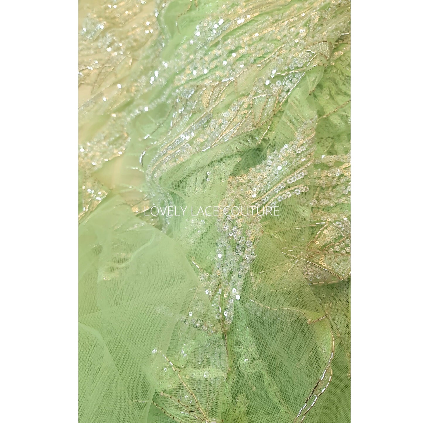 LL-1492, hochzeits spitzen stoff mit abstraktem muster in apfelgrün für ein tolles couture kleid