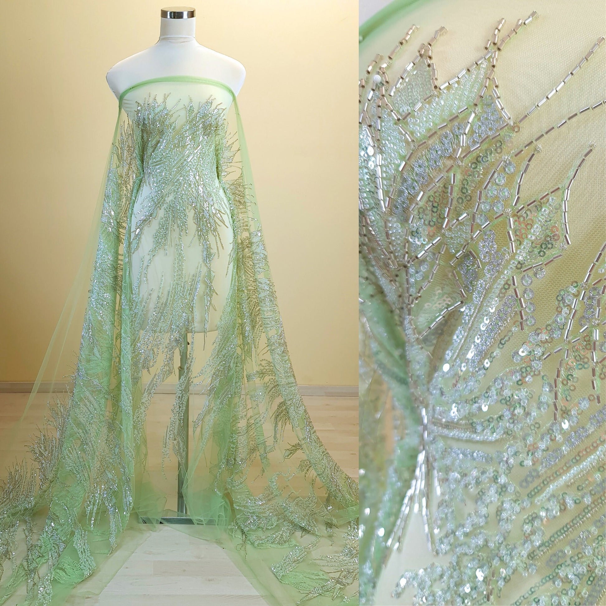 LL-1492, hochzeits spitzen stoff mit abstraktem muster in apfelgrün für ein tolles couture kleid