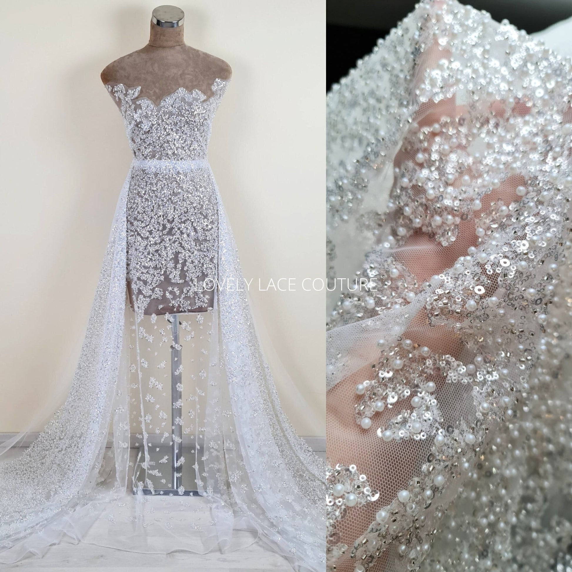 LL-1489, gorgeous abstract wedding dress lace fabric with beads and sequins in off-white color