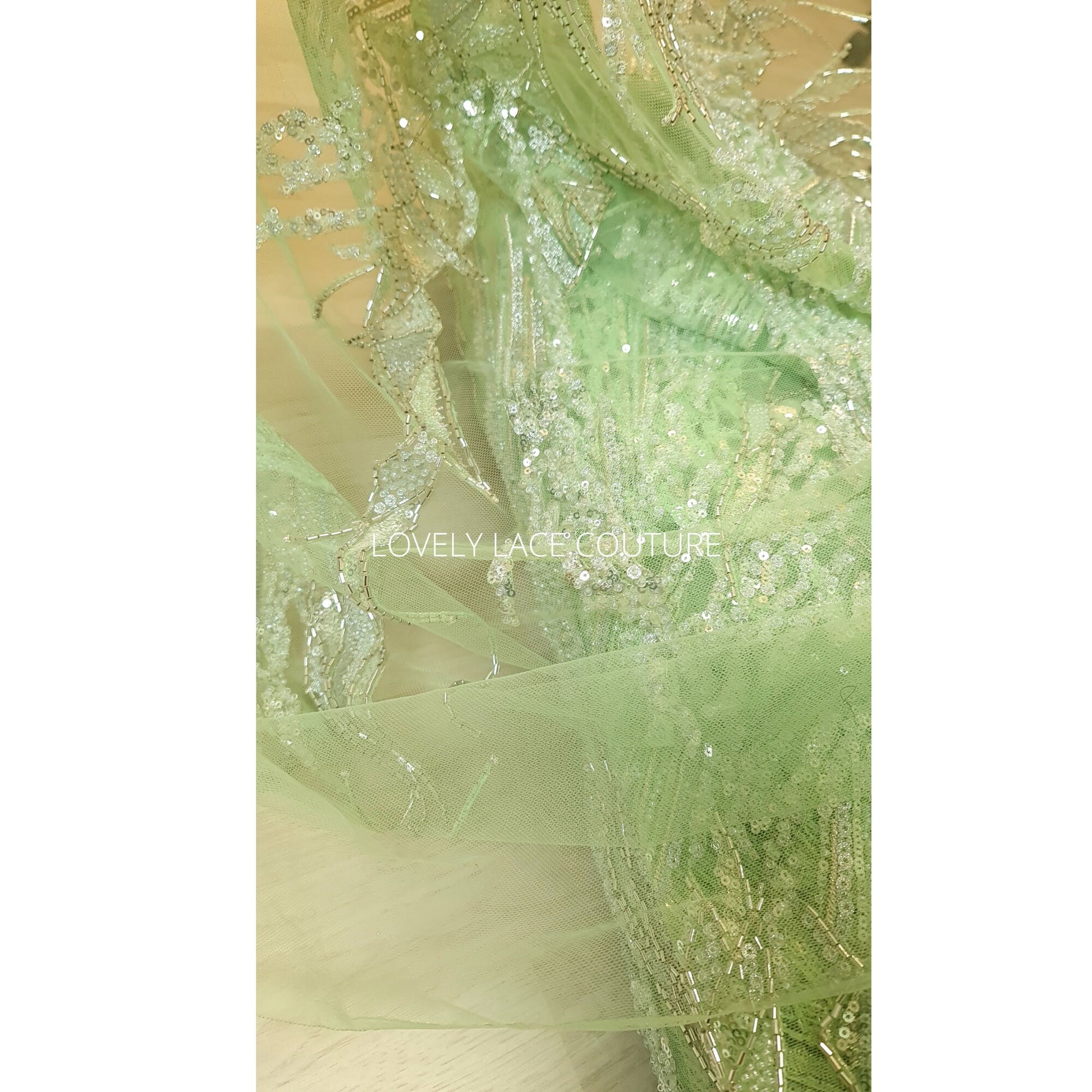 LL-1492, hochzeits spitzen stoff mit abstraktem muster in apfelgrün für ein tolles couture kleid