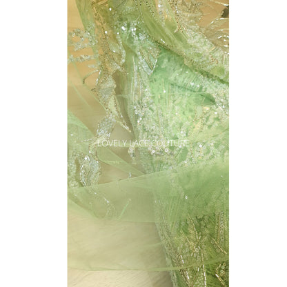 LL-1492, hochzeits spitzen stoff mit abstraktem muster in apfelgrün für ein tolles couture kleid