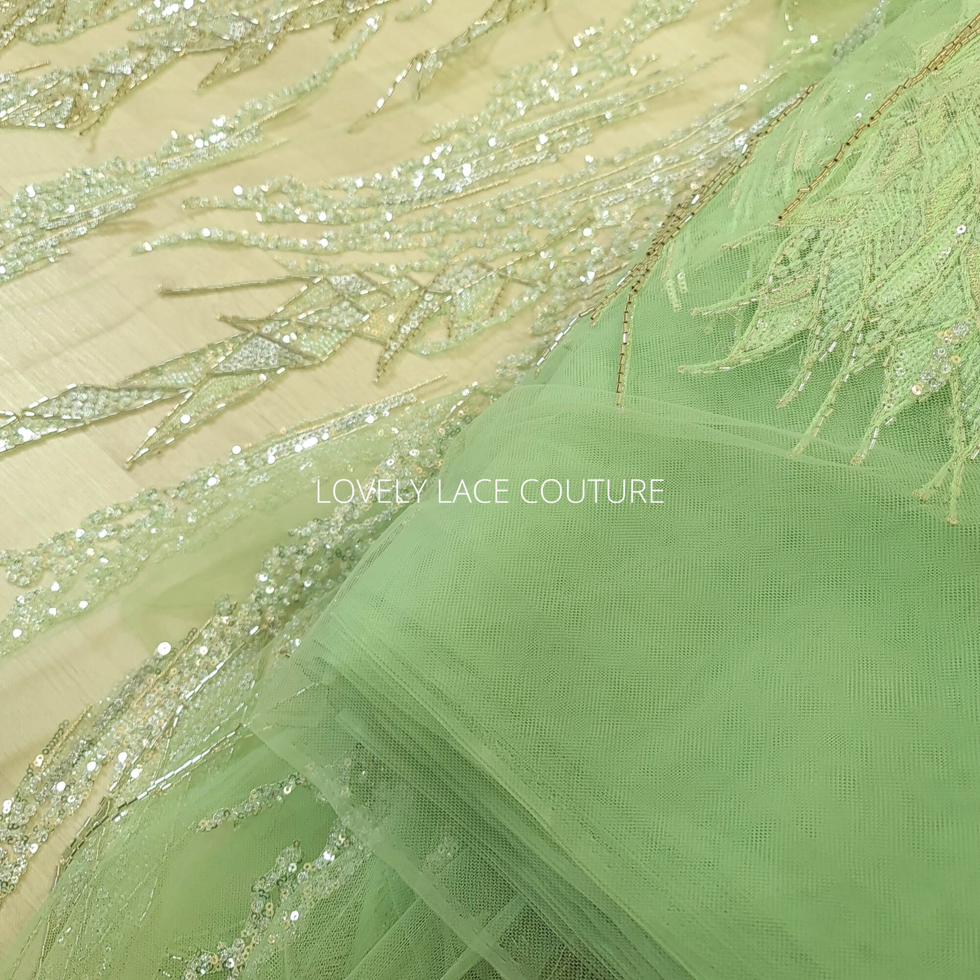 mintgreen lace fabric with beads and sequins