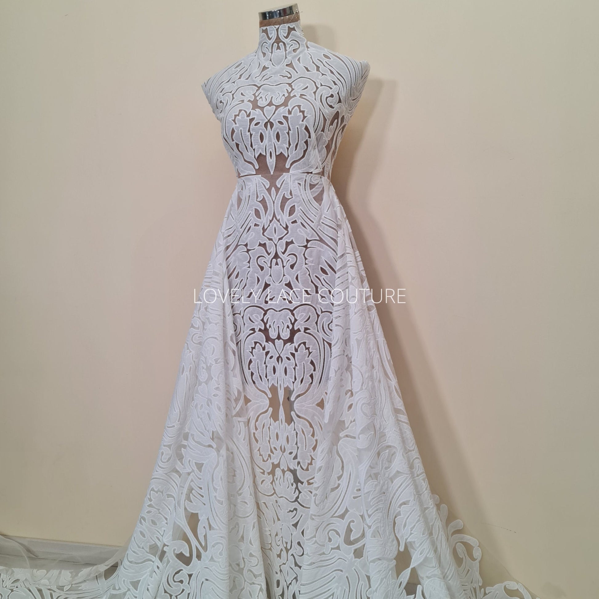 LL-1538, Stunning ornamental lace tulle fabric with cut outs in off-white color, lace per meter