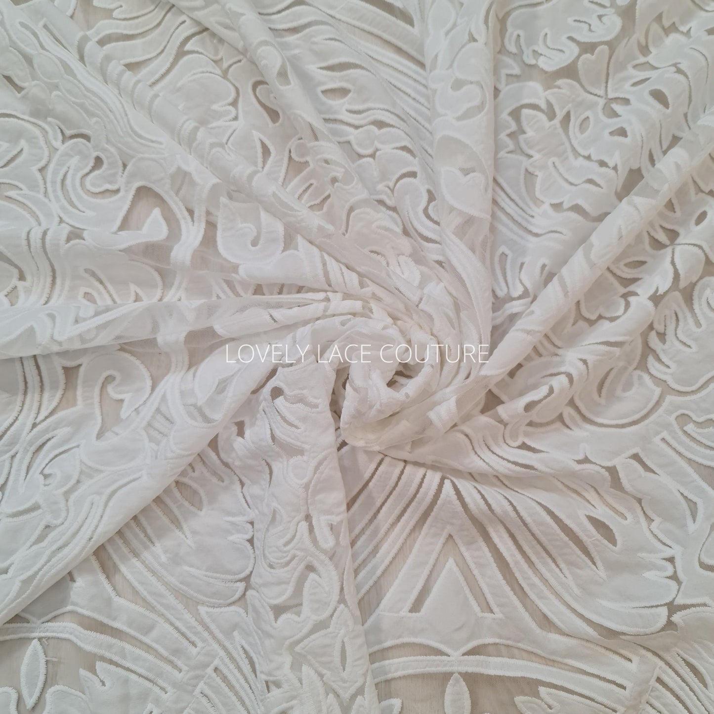 LL-1538, Stunning ornamental lace tulle fabric with cut outs in off-white color, lace per meter