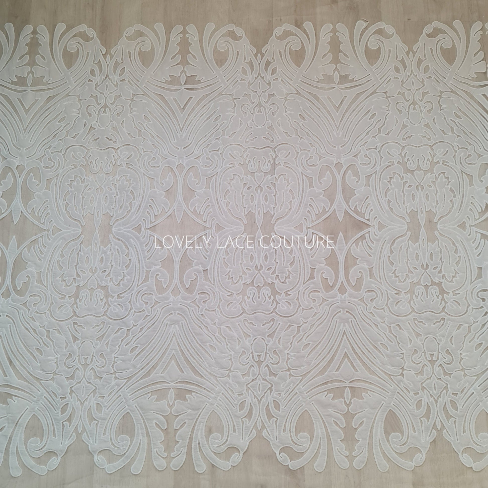 LL-1538, Stunning ornamental lace tulle fabric with cut outs in off-white color, lace per meter