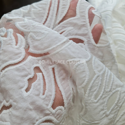 LL-1538, Stunning ornamental lace tulle fabric with cut outs in off-white color, lace per meter