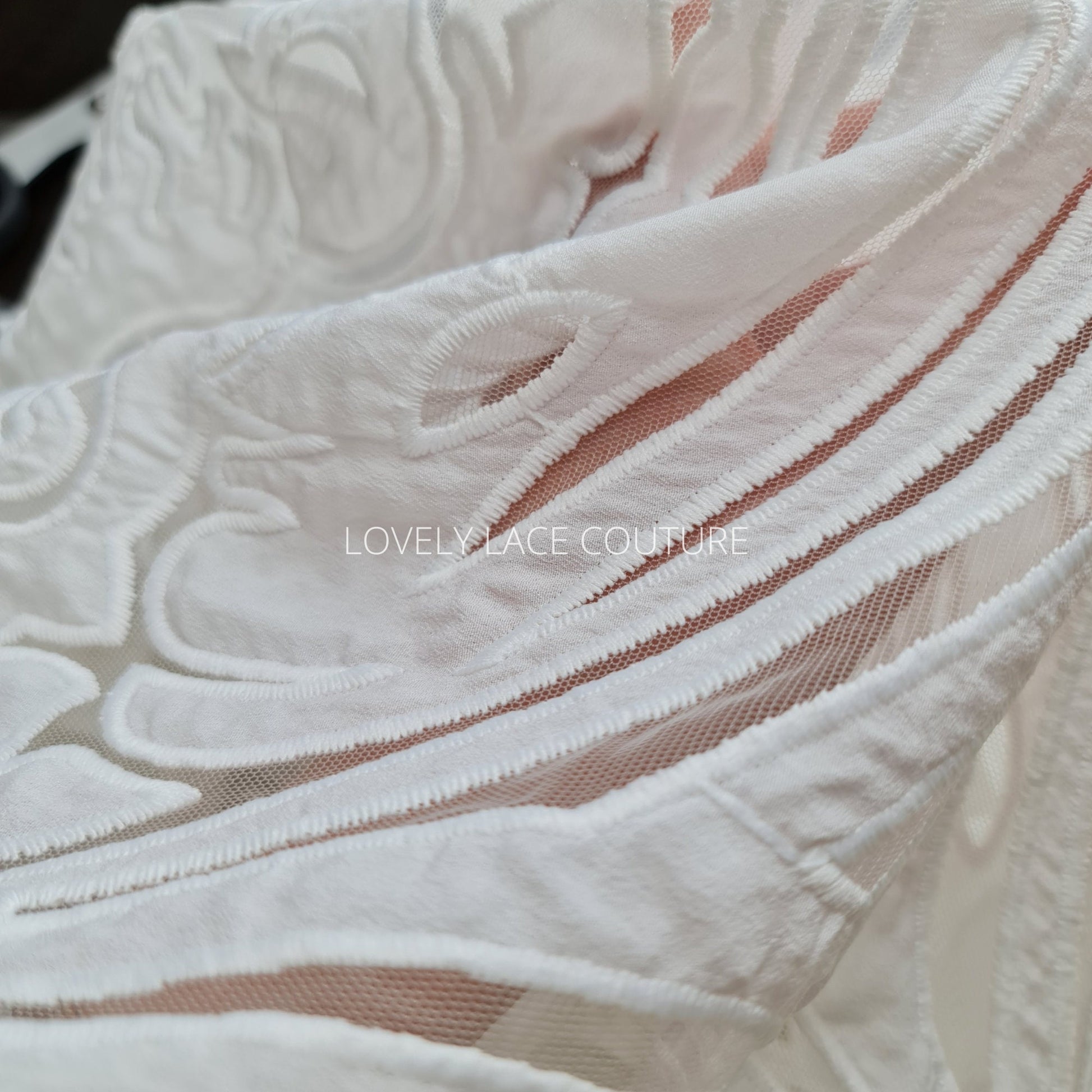 LL-1538, Stunning ornamental lace tulle fabric with cut outs in off-white color, lace per meter