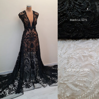 black lace fabric, off-white lace fabric, ornamental pattern