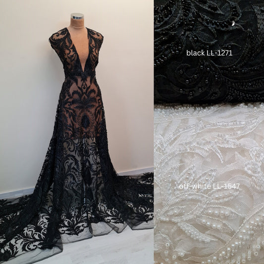 black lace fabric, off-white lace fabric, ornamental pattern