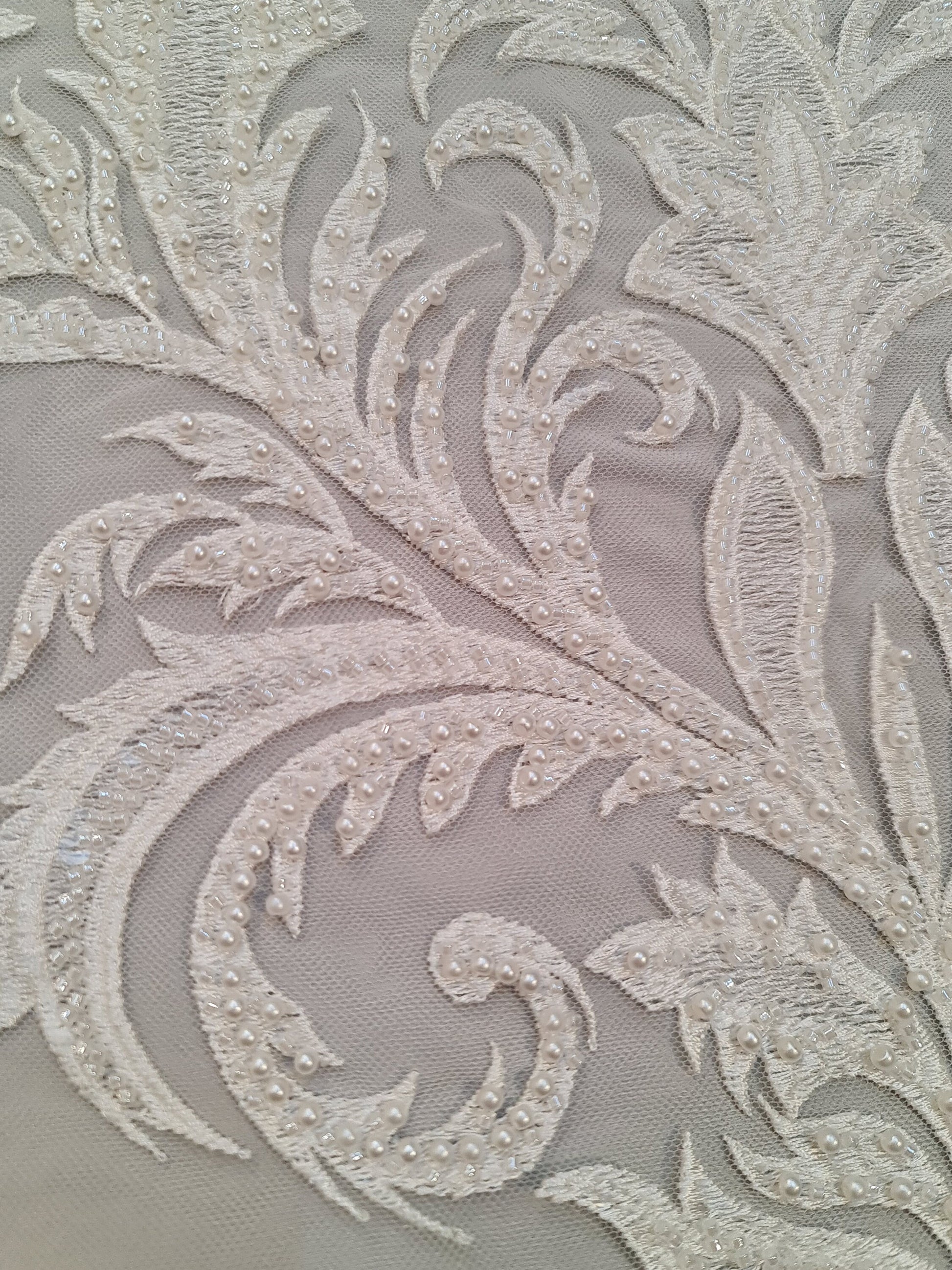 LL-1547, bridal lace with beads and sequins in off-white color, Ornamental design, per meter