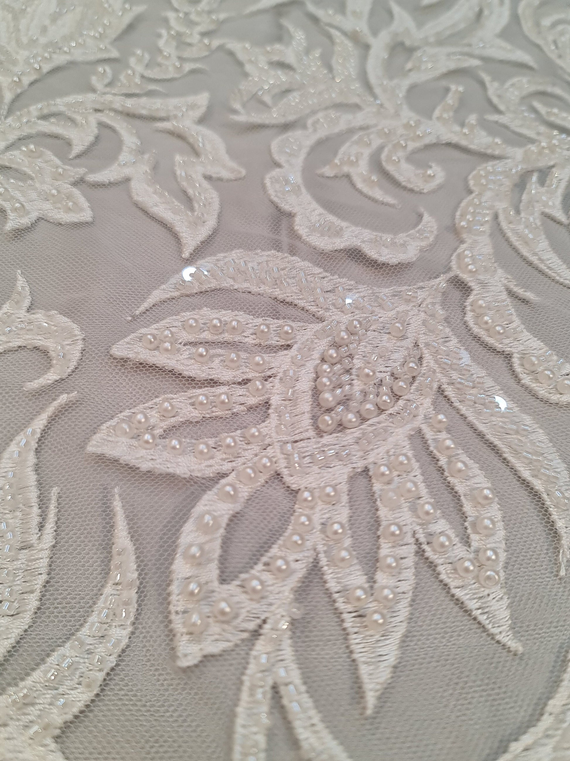 LL-1547, bridal lace with beads and sequins in off-white color, Ornamental design, per meter