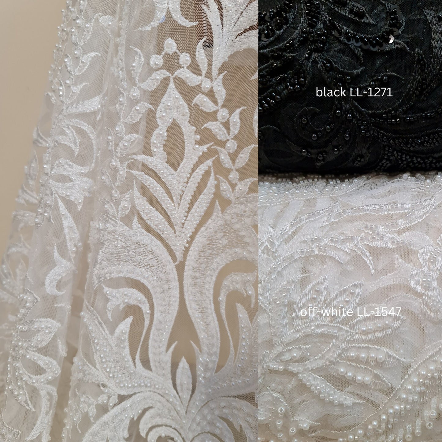 LL-1547, bridal lace with beads and sequins in off-white color, Ornamental design, per meter