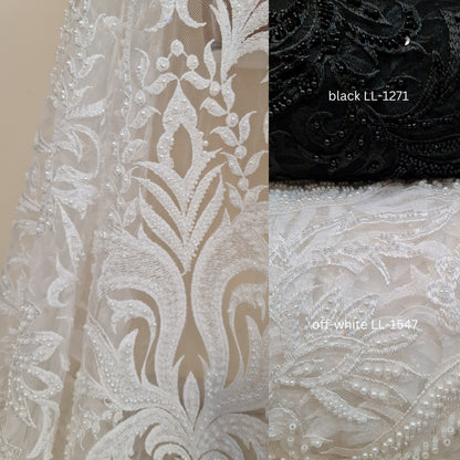 LL-1547, bridal lace with beads and sequins in off-white color, Ornamental design, per meter