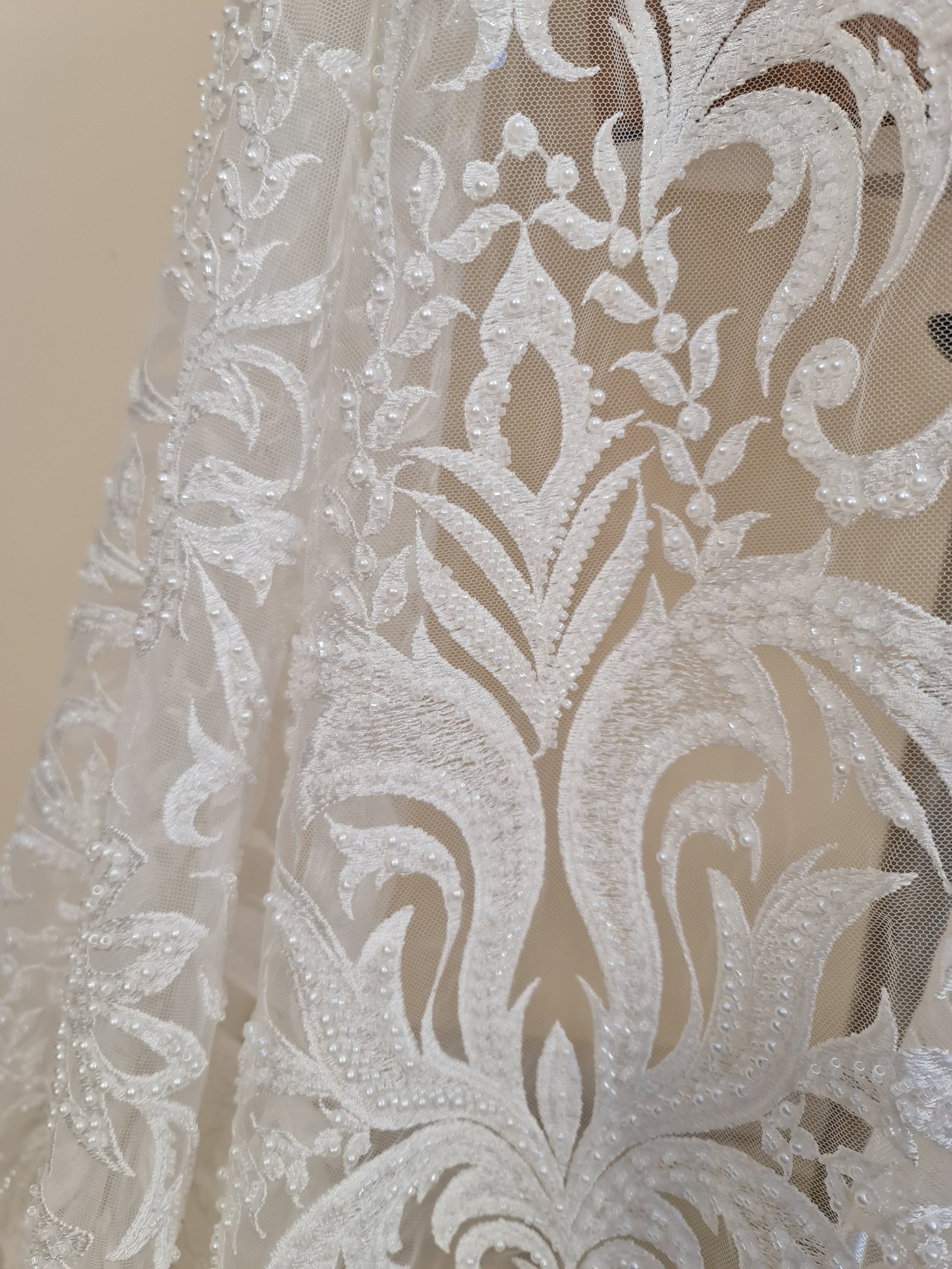 LL-1547, bridal lace with beads and sequins in off-white color, Ornamental design, per meter
