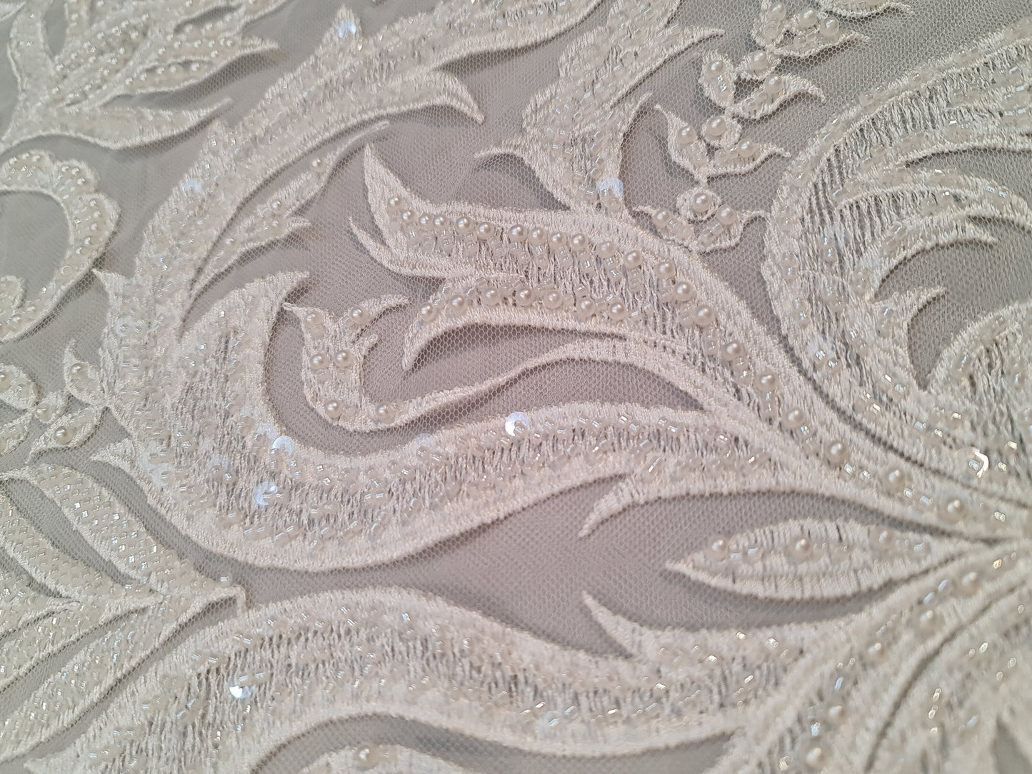 LL-1547, bridal lace with beads and sequins in off-white color, Ornamental design, per meter