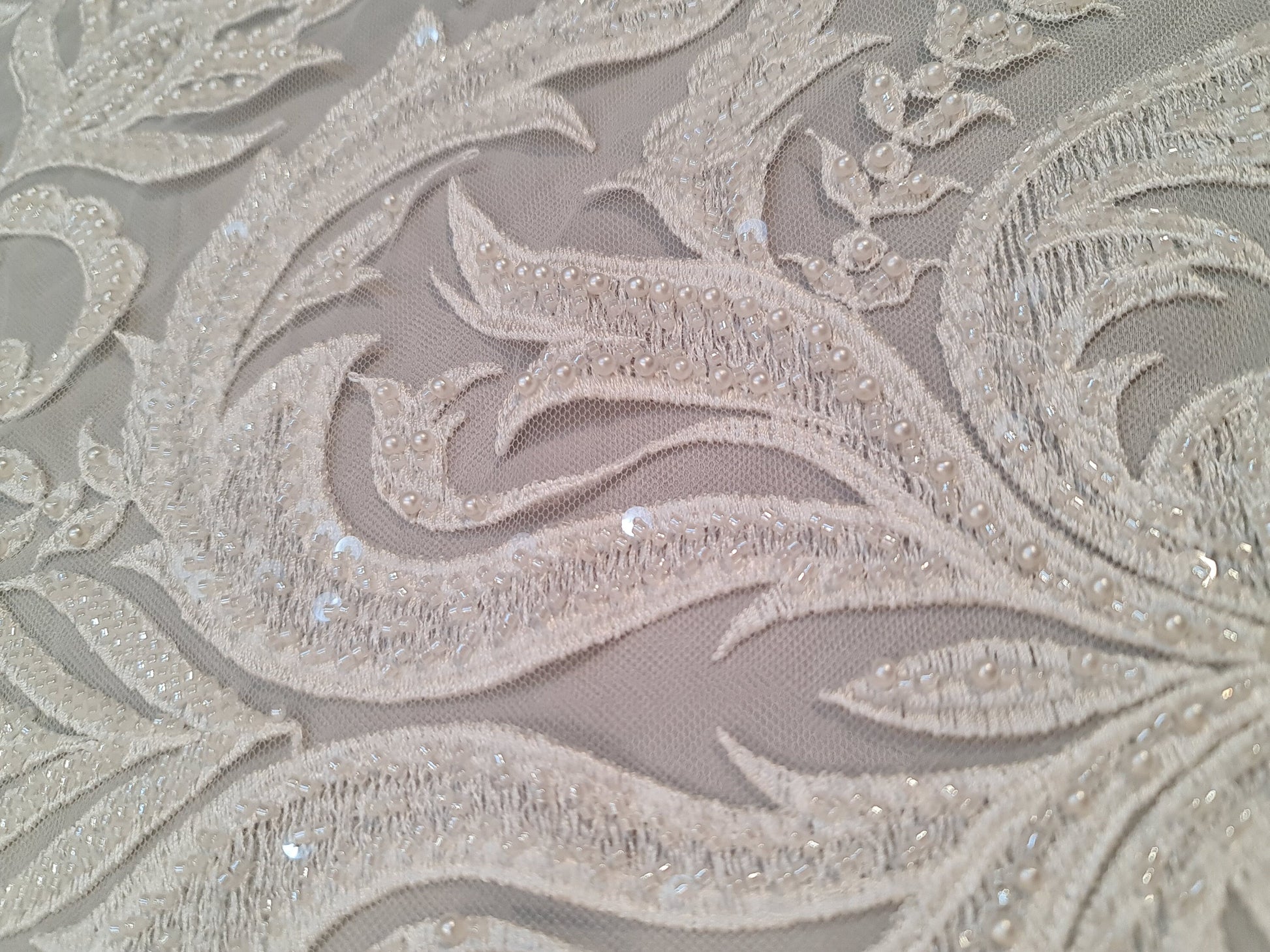LL-1547, bridal lace with beads and sequins in off-white color, Ornamental design, per meter
