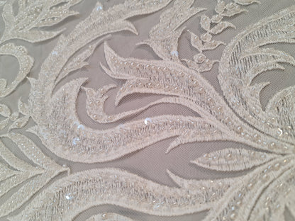 LL-1547, bridal lace with beads and sequins in off-white color, Ornamental design, per meter