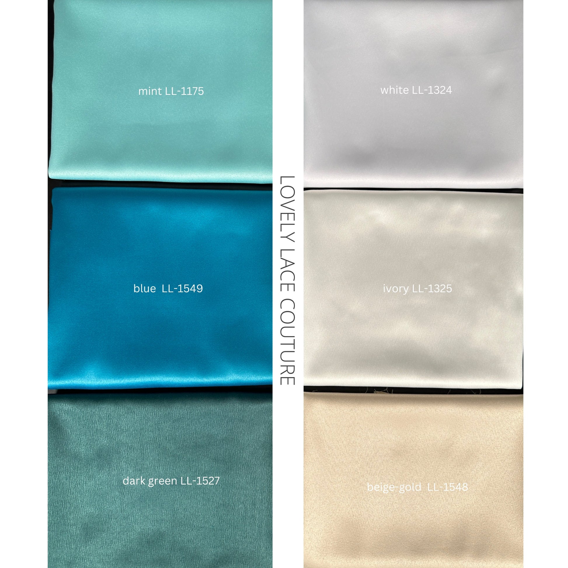 havy satin in white, ivory beige-gold, mint, blue and dark green