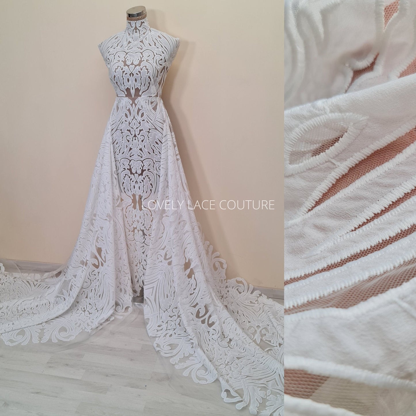 LL-1538, Stunning ornamental lace tulle fabric with cut outs in off-white color, lace per meter