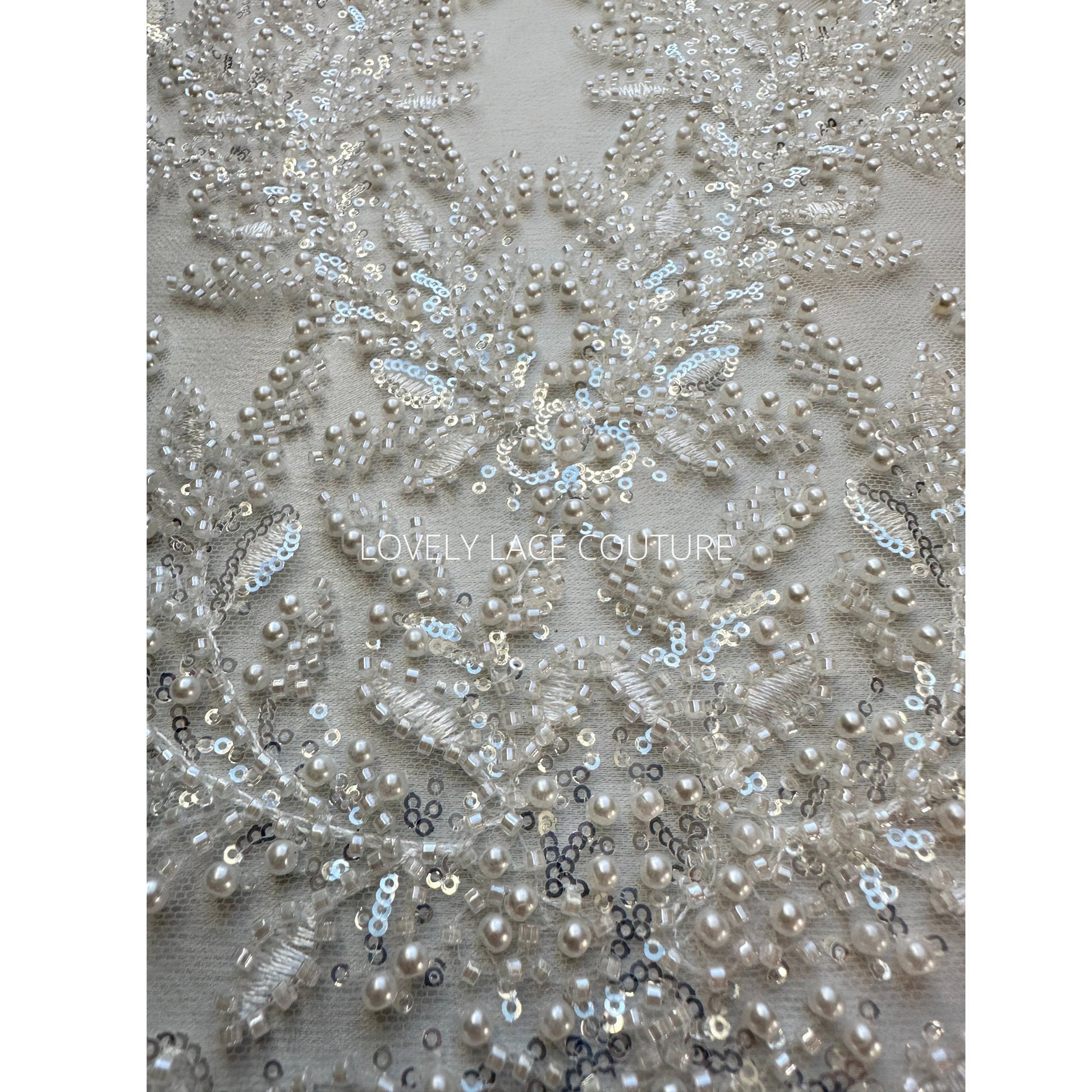 LL-1560, Exquisite bridal lace fabric with beads in off-white color, weddinglace with leaf design, starts at 0,5m
