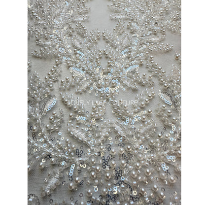 LL-1560, Exquisite bridal lace fabric with beads in off-white color, weddinglace with leaf design, starts at 0,5m