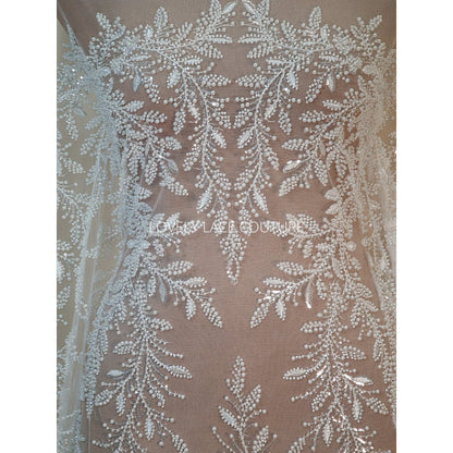 LL-1560, Exquisite bridal lace fabric with beads in off-white color, weddinglace with leaf design, starts at 0,5m