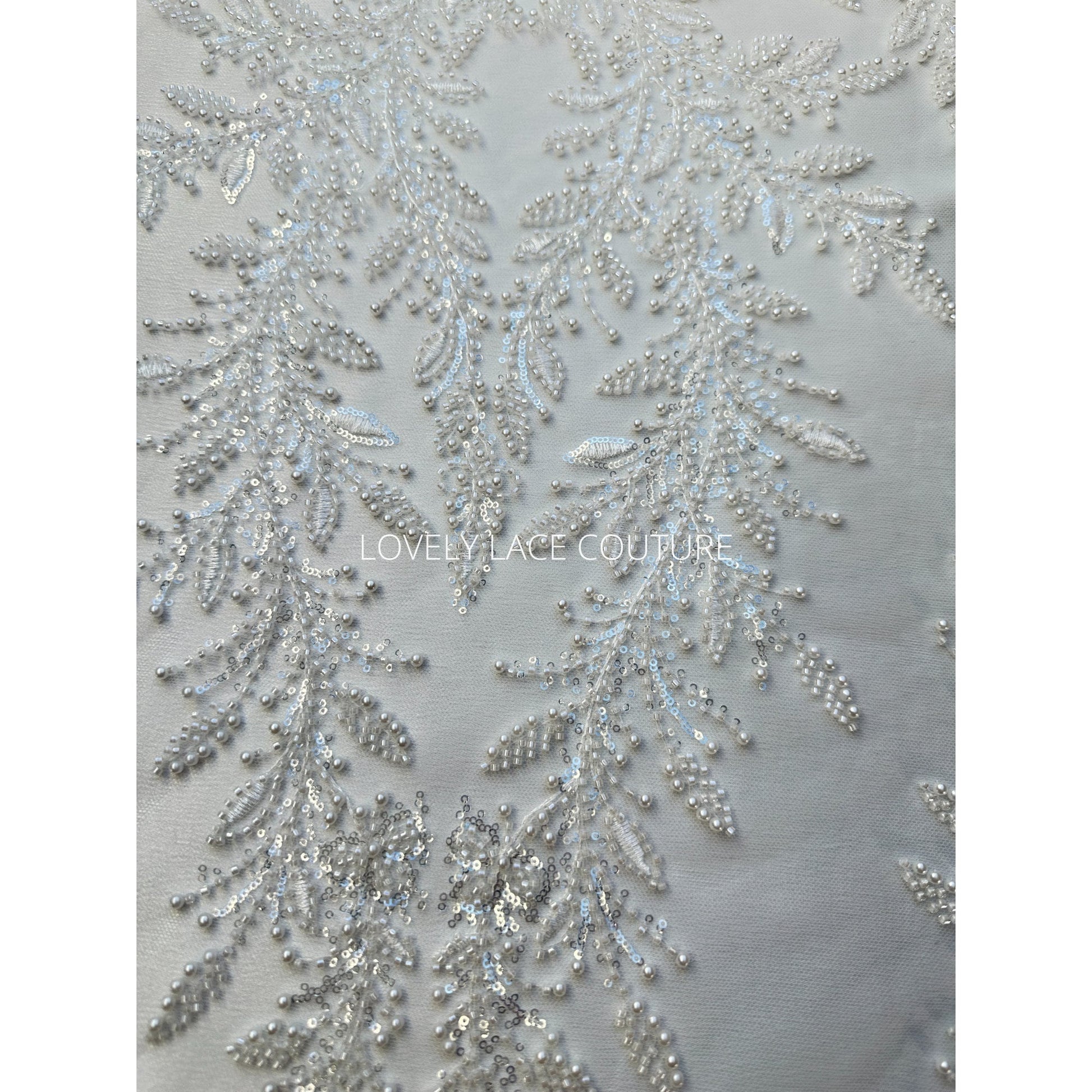 LL-1560, Exquisite bridal lace fabric with beads in off-white color, weddinglace with leaf design, starts at 0,5m