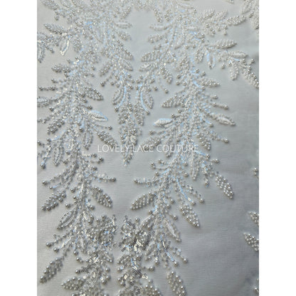 LL-1560, Exquisite bridal lace fabric with beads in off-white color, weddinglace with leaf design, starts at 0,5m