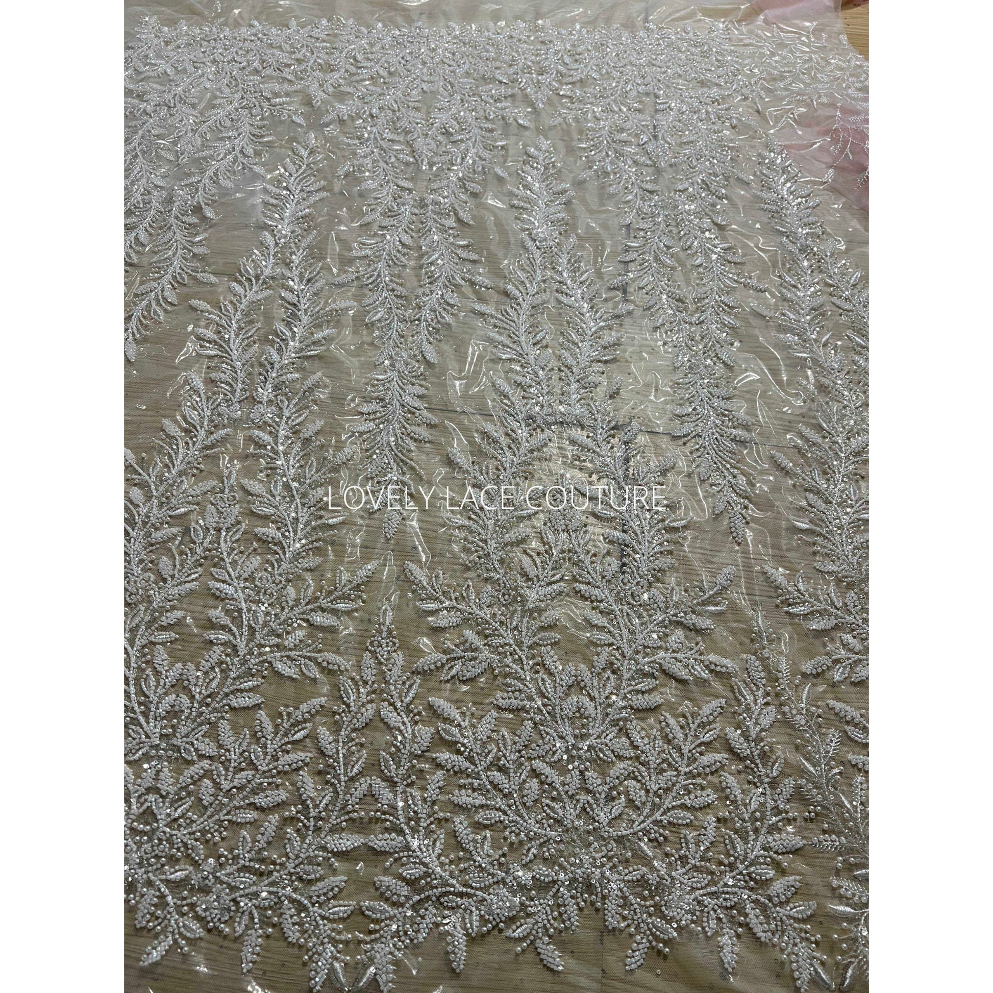 LL-1560, Exquisite bridal lace fabric with beads in off-white color, weddinglace with leaf design, starts at 0,5m