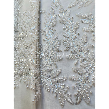 pearl lace fabric with embroidery in off-white color