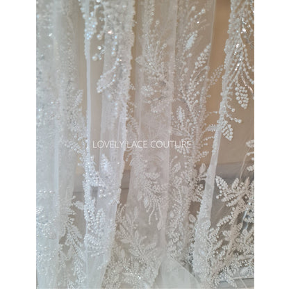 LL-1560, Exquisite bridal lace fabric with beads in off-white color, weddinglace with leaf design, starts at 0,5m