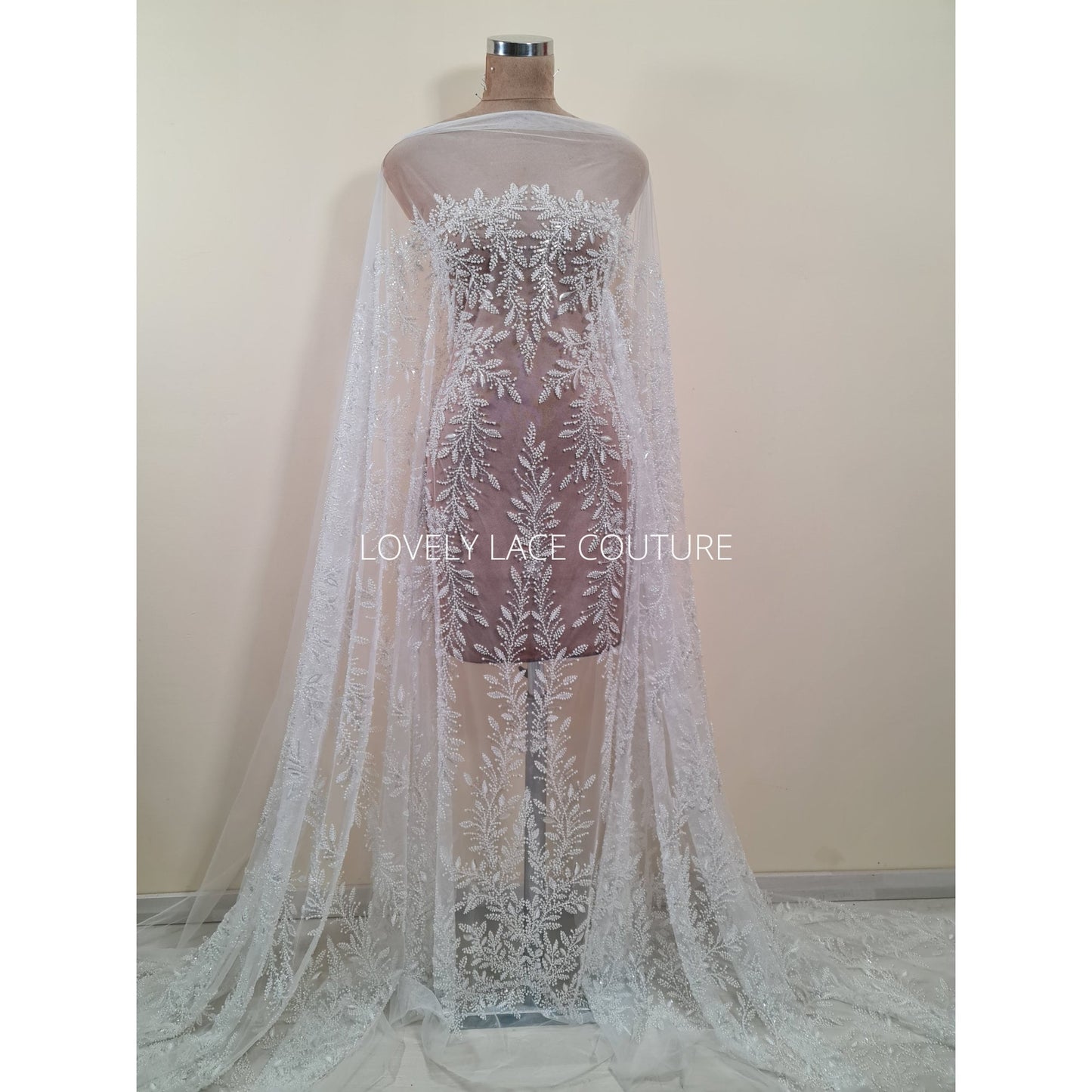 LL-1560, Exquisite bridal lace fabric with beads in off-white color, weddinglace with leaf design, starts at 0,5m