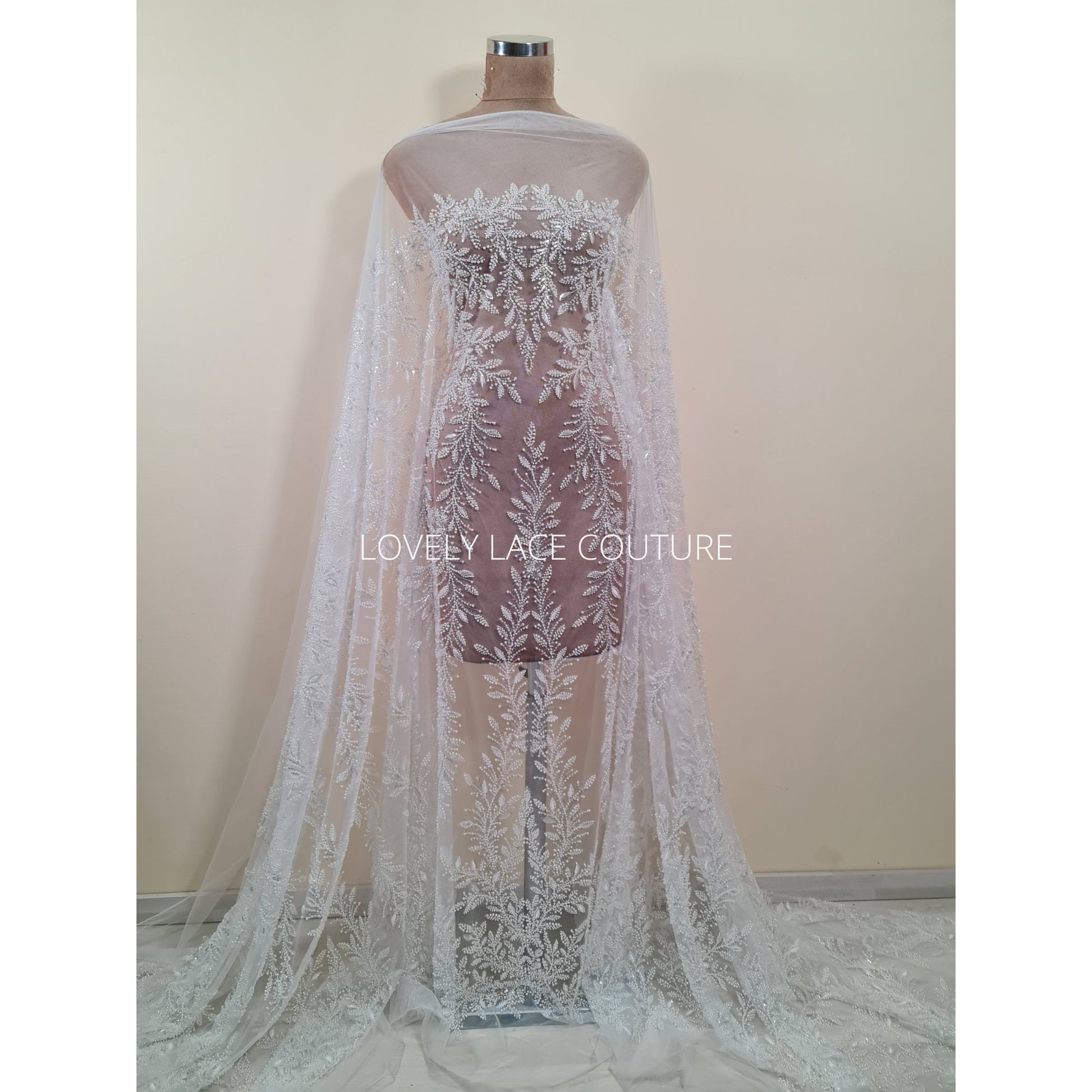 LL-1560, Exquisite bridal lace fabric with beads in off-white color, weddinglace with leaf design, starts at 0,5m
