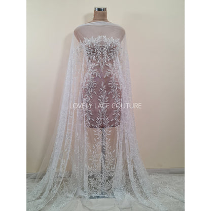 LL-1560, Exquisite bridal lace fabric with beads in off-white color, weddinglace with leaf design, starts at 0,5m