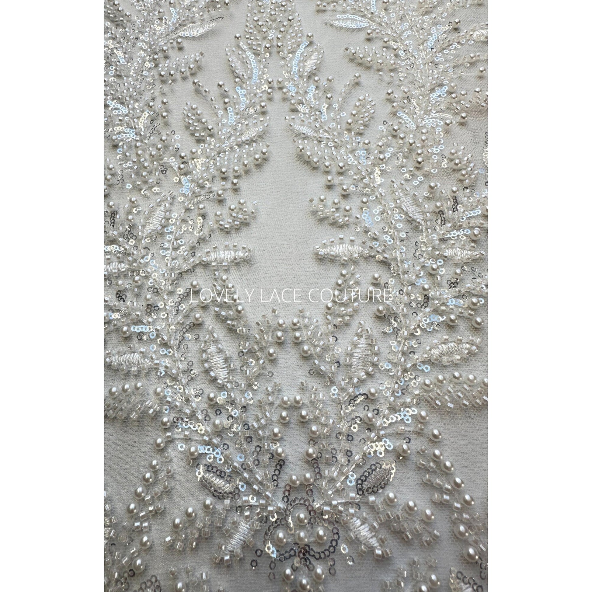 LL-1560, Exquisite bridal lace fabric with beads in off-white color, weddinglace with leaf design, starts at 0,5m