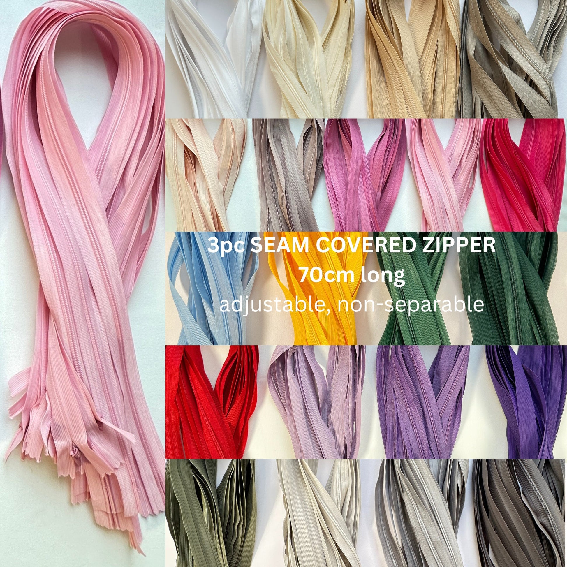3pc, 70cm long, YKK seam-covered zipper, spiral zip, adjustable, non-separable, 5mm running rail, in white, cream, beige, taupe, rosé
