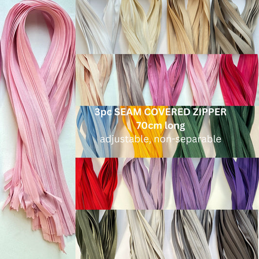 3pc, 70cm long, YKK seam-covered zipper, spiral zip, adjustable, non-separable, 5mm running rail, in white, cream, beige, taupe, rosé