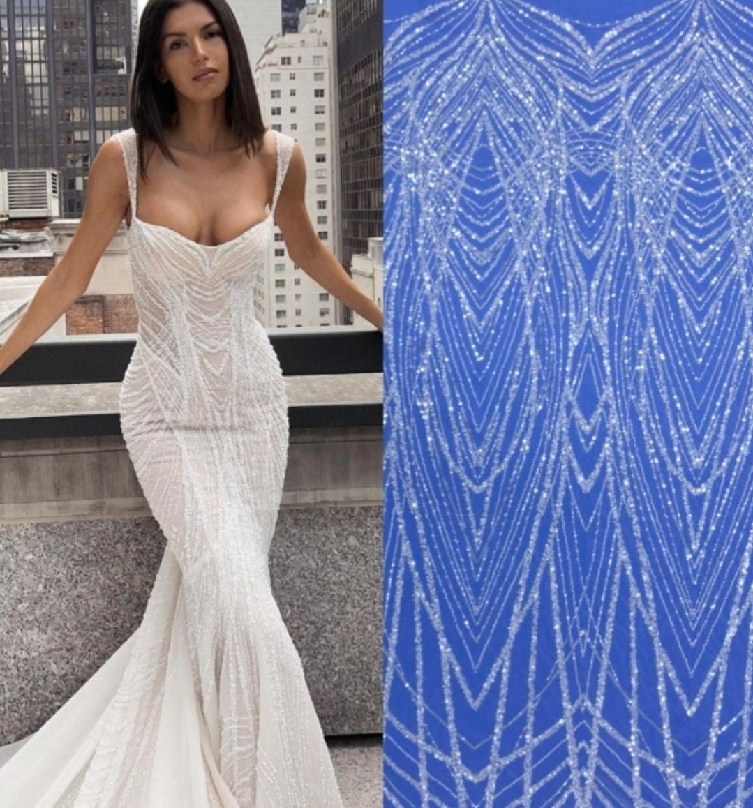 LL-1562, Gorgeous geometrical bridal lace fabric with beads and sequins by yards, luxurious beaded wedding dress lace in off-white color
