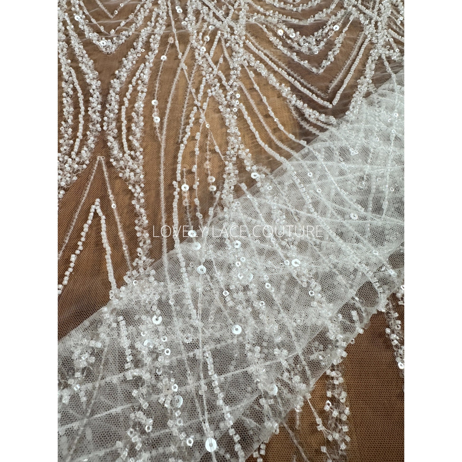 LL-1562, Gorgeous geometrical bridal lace fabric with beads and sequins by yards, luxurious beaded wedding dress lace in off-white color
