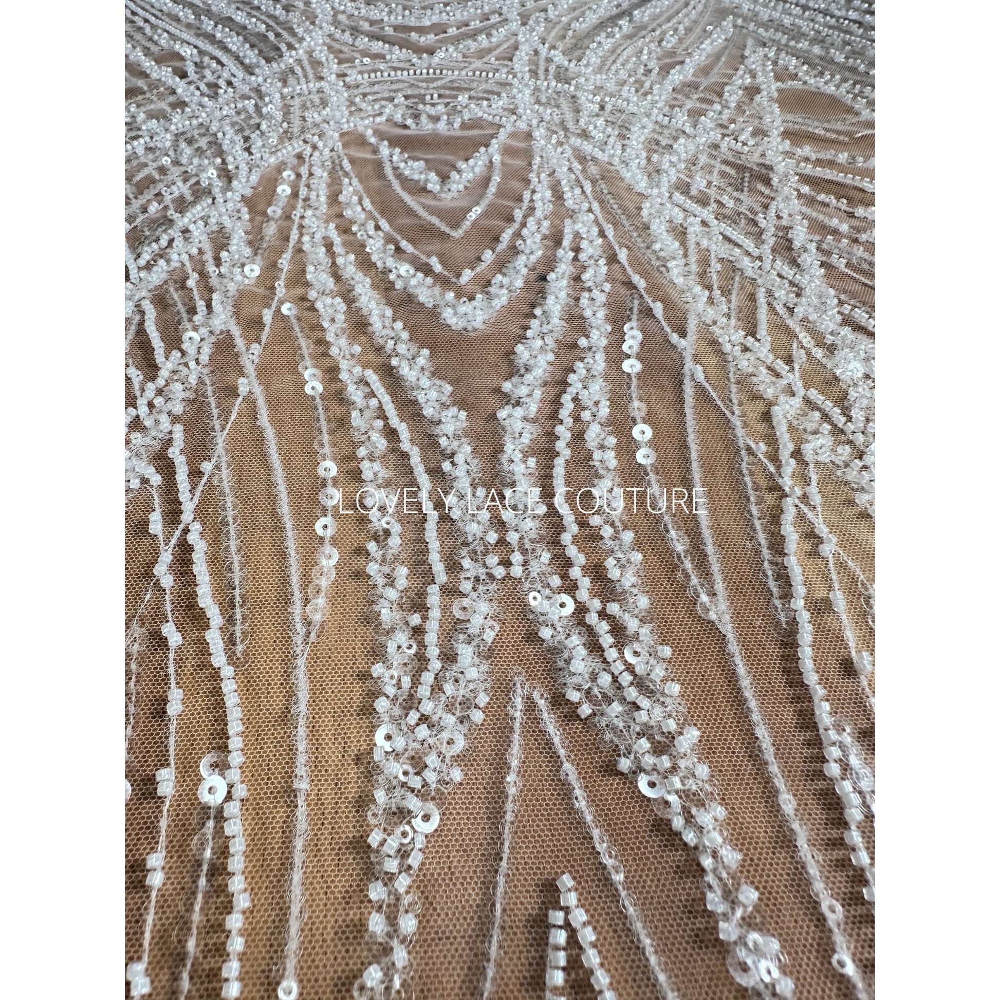 LL-1562, Gorgeous geometrical bridal lace fabric with beads and sequins by yards, luxurious beaded wedding dress lace in off-white color