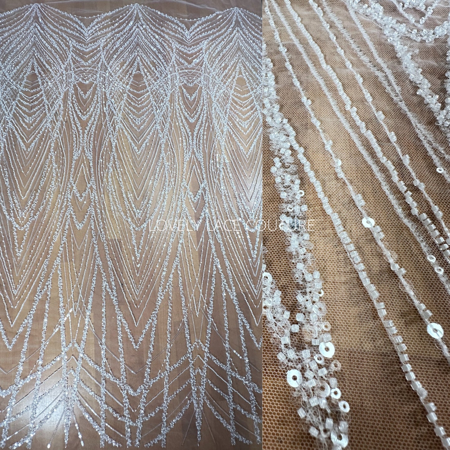 LL-1562, Gorgeous geometrical bridal lace fabric with beads and sequins by yards, luxurious beaded wedding dress lace in off-white color