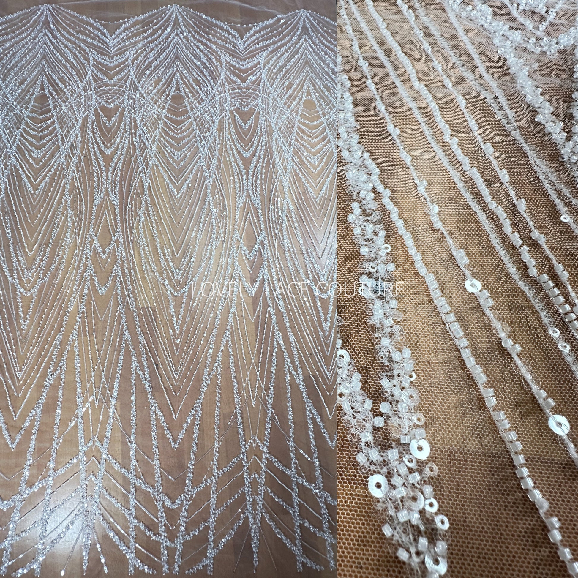 LL-1562, Gorgeous geometrical bridal lace fabric with beads and sequins by yards, luxurious beaded wedding dress lace in off-white color