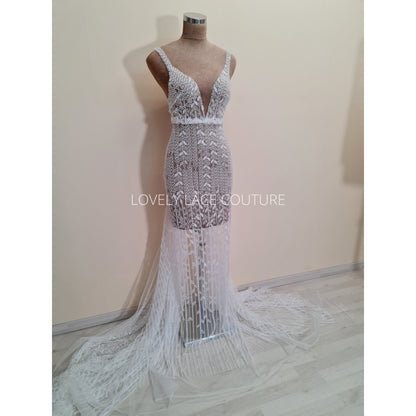 LL-1563, off-white bridal lace fabric with beads and sequins in a modern gorgoues geometrical design, fabric per meter