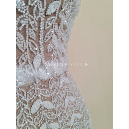 LL-1563, off-white bridal lace fabric with beads and sequins in a modern gorgoues geometrical design, fabric per meter