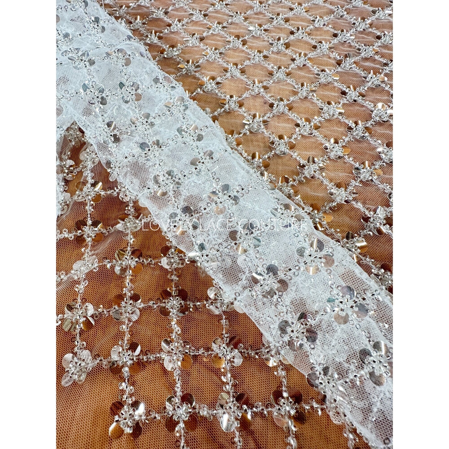 LL-1564 beautiful allover square pattern lace tulle fabric with big transparent sequins and silver beads in white color. High quality lace.